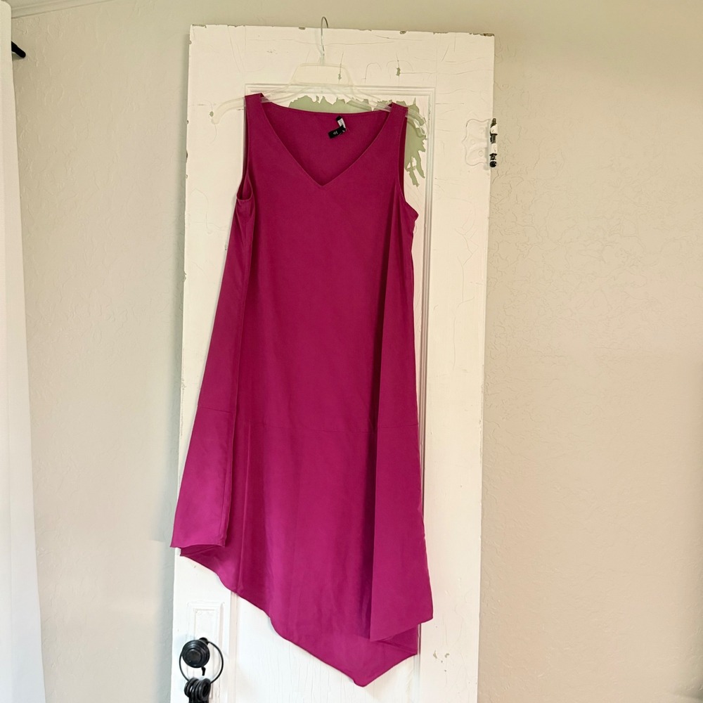 Eileen Fisher Pink Tencel Blend V-Neck Asymmetrical Midi Dress XS Magenta